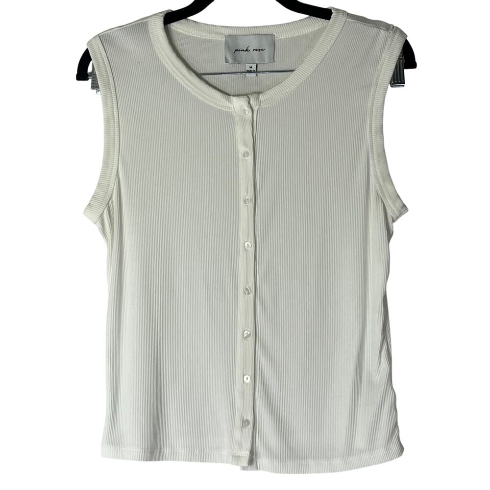 Pink Rose White Ribbed Sleeveless Button Front Crew Neck Top Size M